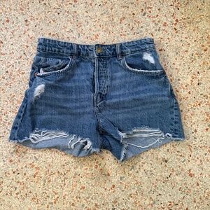 Blue, high rise, ripped H & M jean shorts